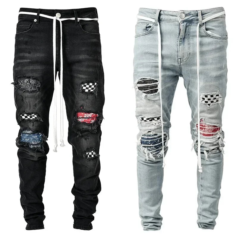 Men Jeans Denim Pants Pencil Pant Slim Fit Hole Print Pockets Straight Trousers Casual Elastic Waist Lace Up Autumn 2024